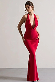 Kırmızı Sırtı Açık Kapüşonlu Yaka Balık Kuyruğu Uzun Elbise