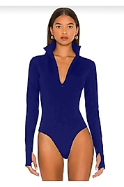 Kadın Saks Mavisi Gizli Fermuarlı Parmak Geçmeli Zıbın İpek Jarse Bodysuit