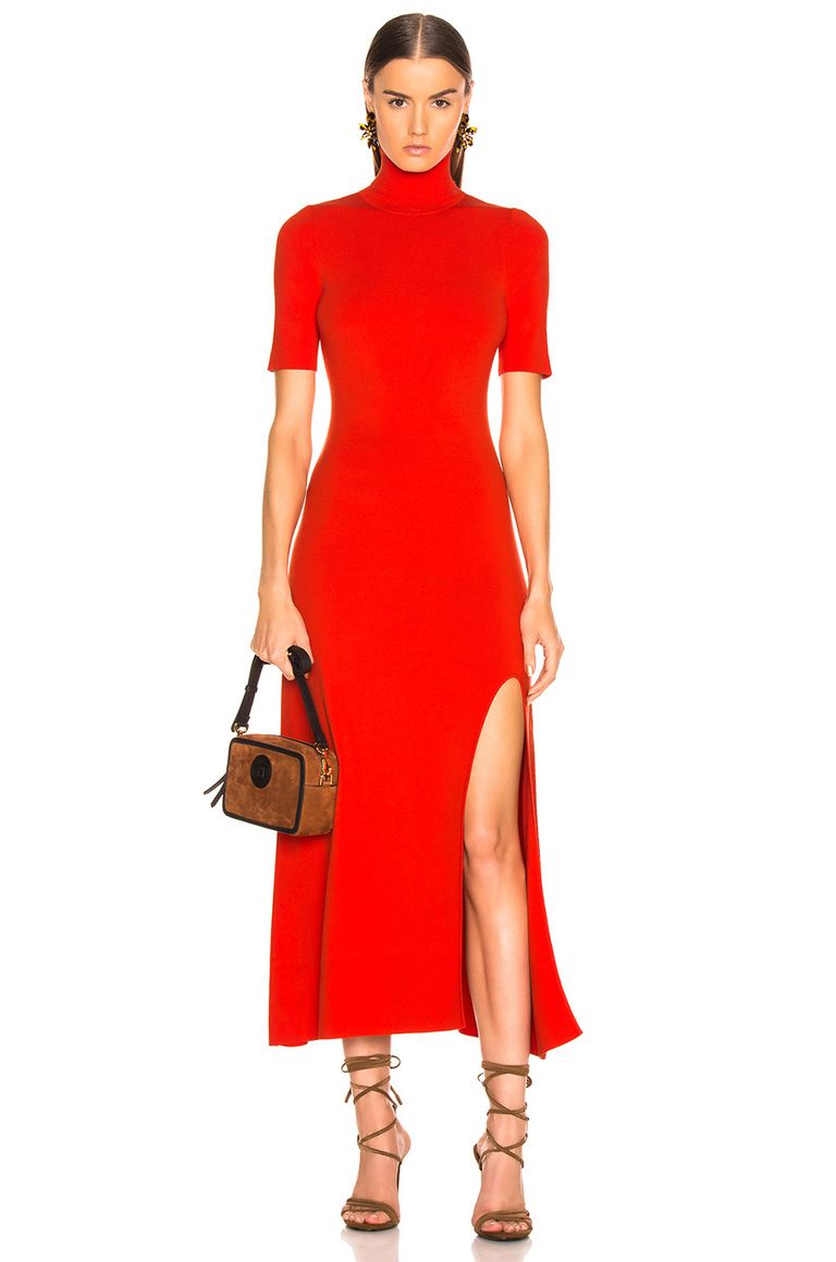 Kadın Kırmızı Balıkçı Yaka Yırtmaçlı Kırmızı Abiye Elbise