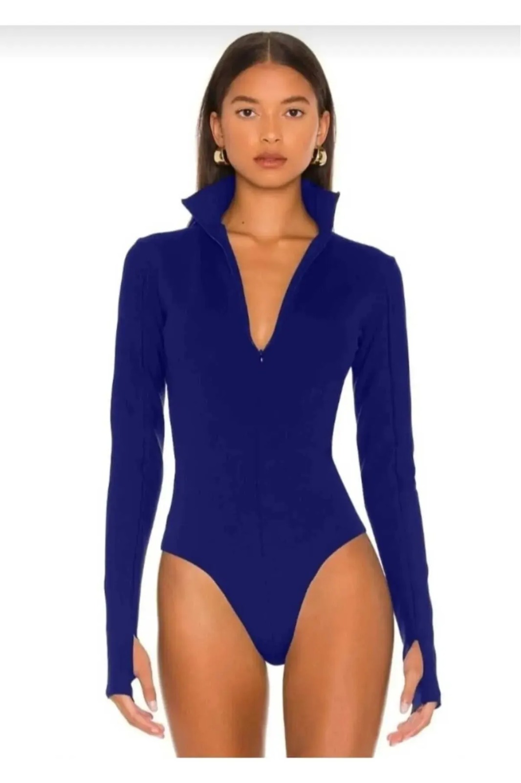 Kadın Saks Mavisi Gizli Fermuarlı Parmak Geçmeli Zıbın İpek Jarse Bodysuit